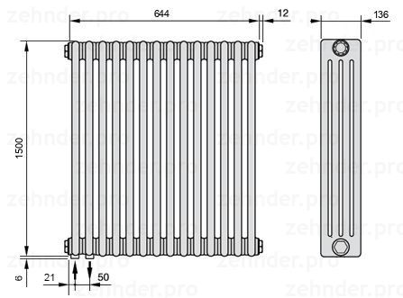 Схема (чертеж) Радиатор Zehnder Charleston 4150/14 №3370 Белый глянцевый RAL 9016